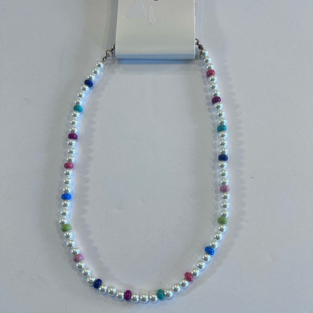 NWT White faux pearls interspersed vibrant multi-colored rondelle beads MSRP $39